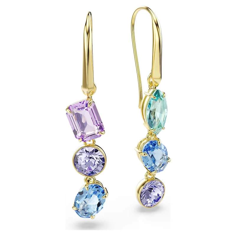 Gema drop earrings, Asymmetrical design, Mixed cuts, Multicoloured, 18K gold finish