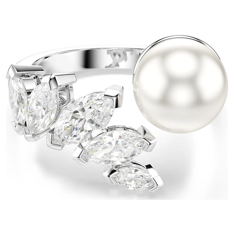 Mesmera open ring, Crystal pearl, Marquise cut, White, Rhodium plated