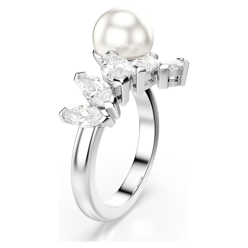 Mesmera open ring, Crystal pearl, Marquise cut, White, Rhodium plated