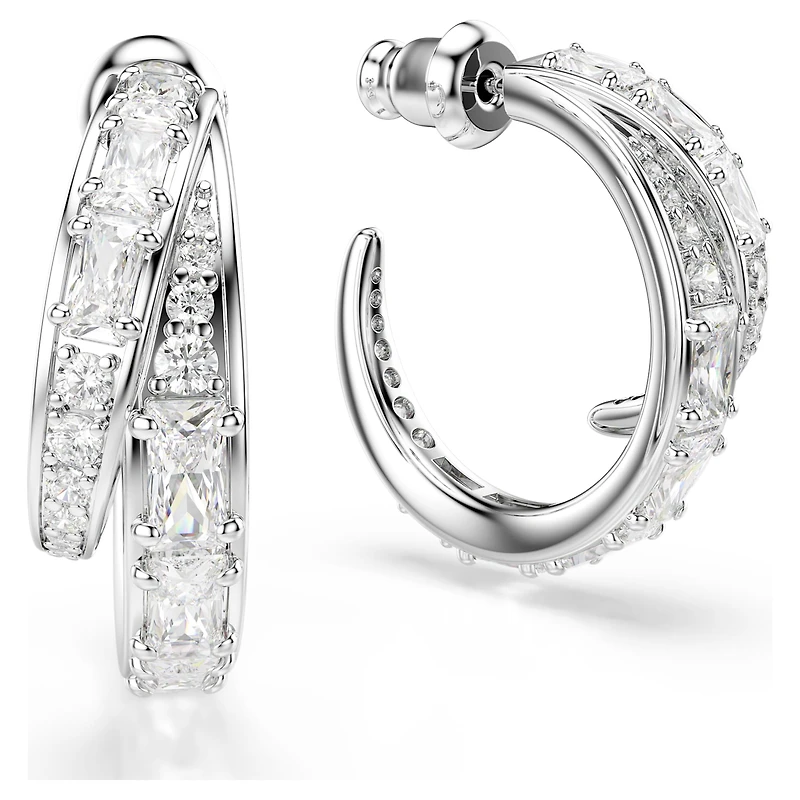 Vienna hoop earrings, Mixed cuts, White, Rhodium plated
