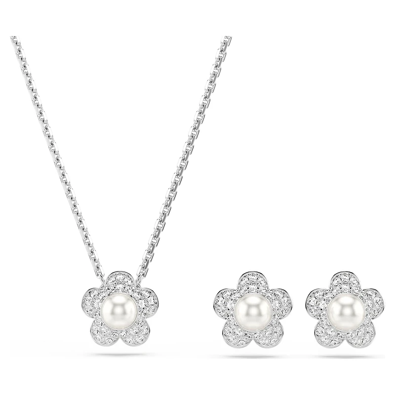Ariana Grande x Swarovski set, Crystal pearl, Round cut, Flower, White, Rhodium plated by SWAROVSKI