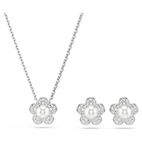 Ariana Grande x Swarovski set, Crystal pearl, Round cut, Flower, White, Rhodium plated by SWAROVSKI