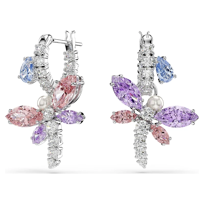 Ariana Grande x Swarovski drop earrings, Mixed cuts, Dragonfly, Multicoloured, Rhodium plated by SWAROVSKI