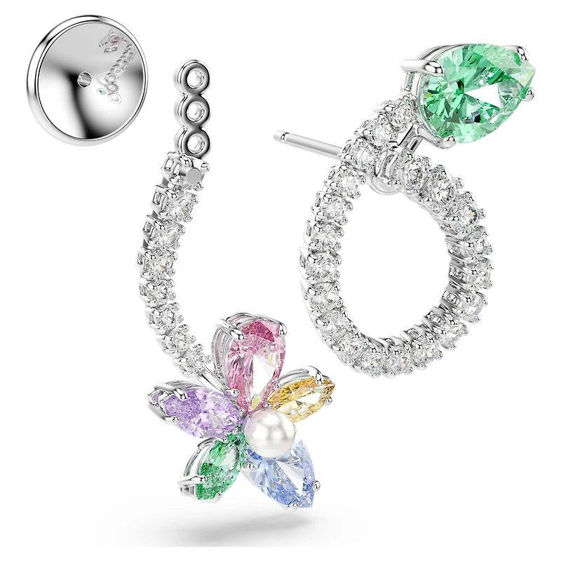 Ariana Grande x Swarovski drop earrings with ear jacket, Mixed cuts, Dragonfly, flower, Multicoloured, Rhodium plated by SWAROVSKI