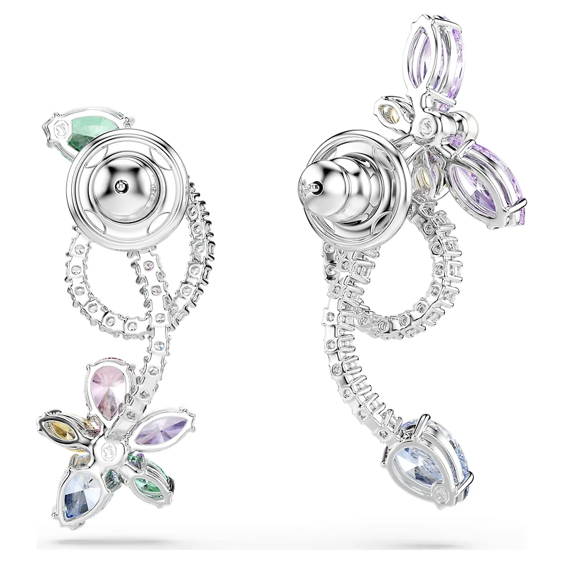 Ariana Grande x Swarovski drop earrings with ear jacket, Mixed cuts, Dragonfly, flower, Multicoloured, Rhodium plated by SWAROVSKI