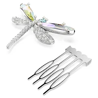 Ariana Grande x Swarovski brooch and hair accessory, Crystal Pearl, Mixed cuts, Dragonfly, White, Rhodium plated