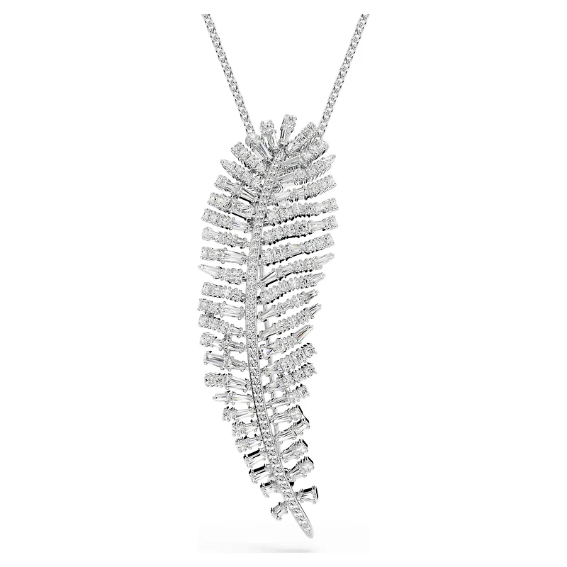 Vienna pendant and brooch, Mixed cuts, Feather, White, Rhodium plated