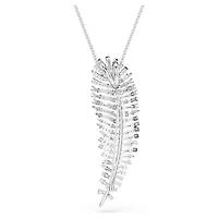 Vienna pendant and brooch, Mixed cuts, Feather, White, Rhodium plated