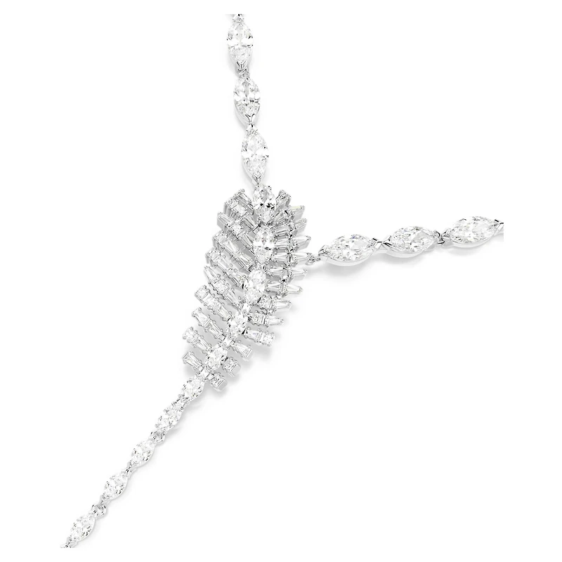 Vienna Y necklace, Mixed cuts, Feather, White, Rhodium plated