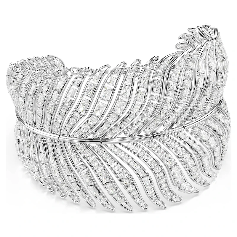 Vienna choker, Mixed cuts, Feather, White, Rhodium plated