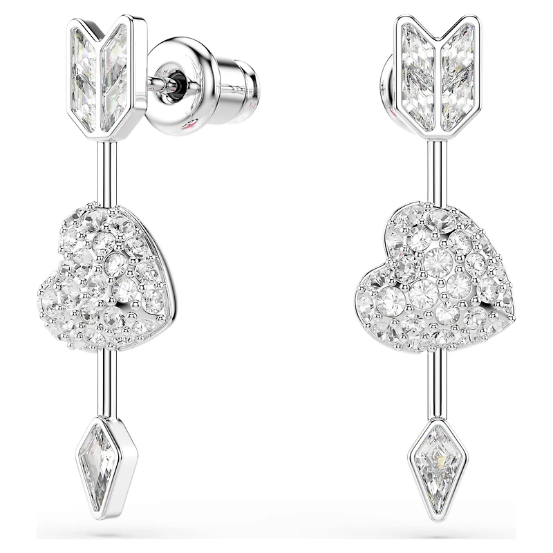 Idyllia drop earrings, Mixed cuts, Heart with arrow, White, Rhodium plated by SWAROVSKI
