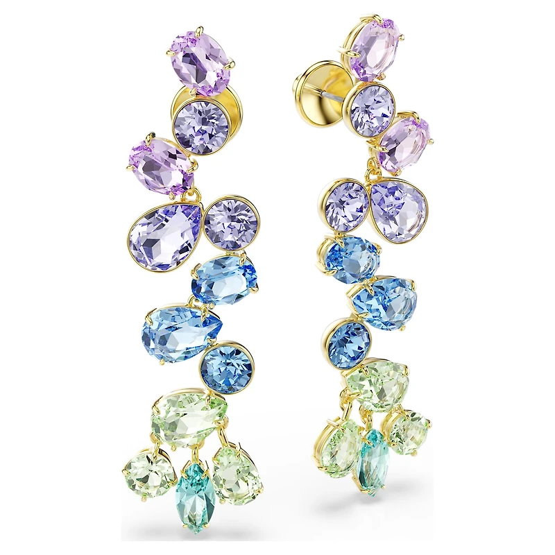 Gema drop earrings, Mixed cuts, Chandelier, Long, Multicoloured, 18K gold finish