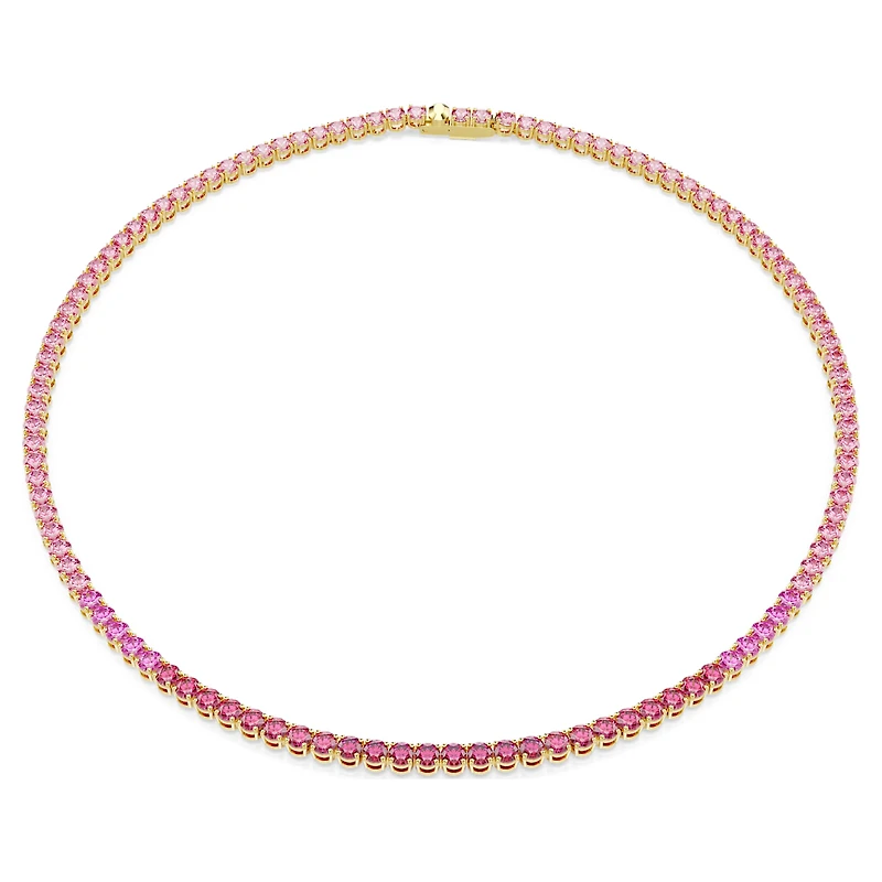 Matrix Tennis necklace, Round cut, Pink, 18K gold finish
