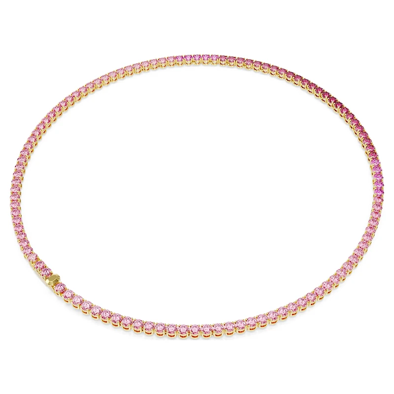 Matrix Tennis necklace, Round cut, Pink, 18K gold finish