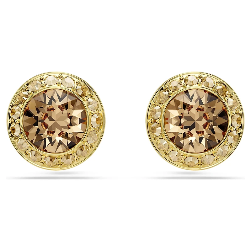 Una Angelic stud earrings, Round cut, Caramel, 18K gold finish