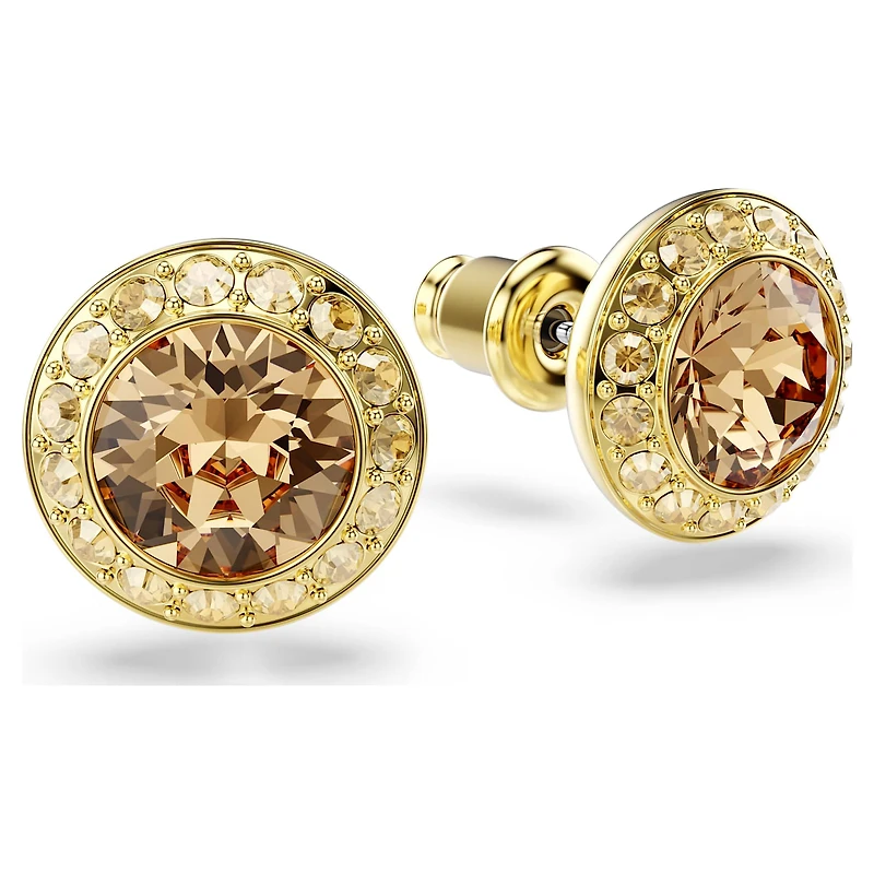 Una Angelic stud earrings, Round cut, Caramel, 18K gold finish