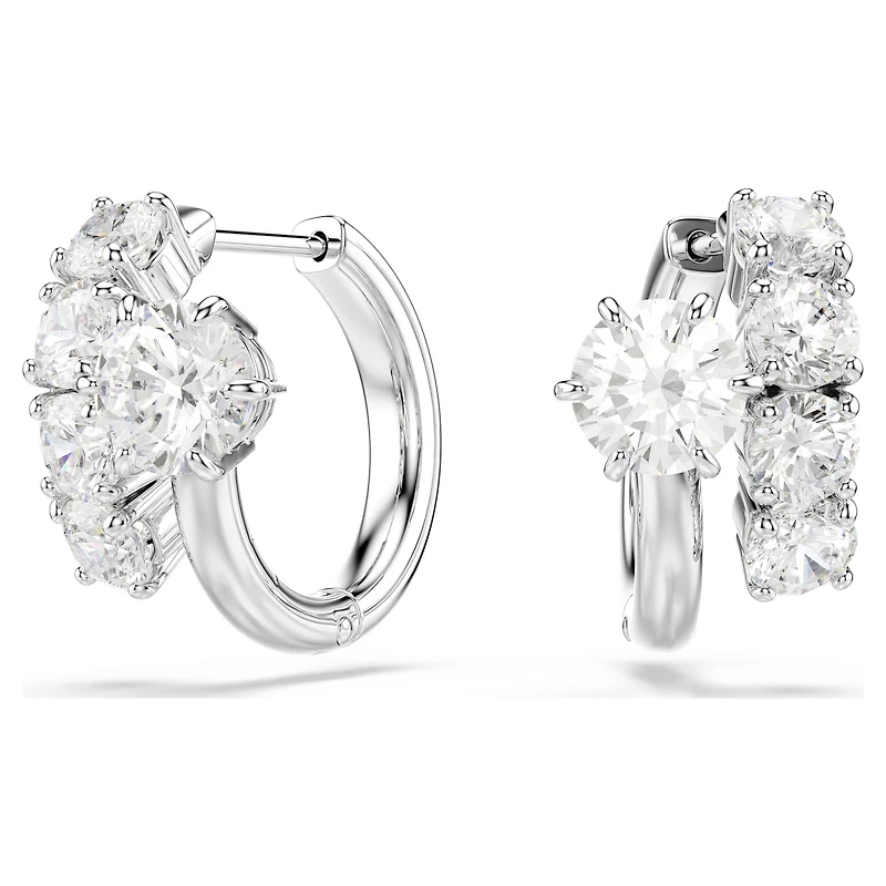 Matrix hoop earrings, Round cut, White, Rhodium plated