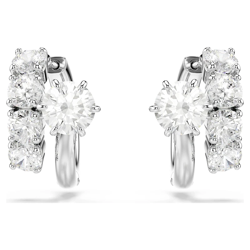 Matrix hoop earrings, Round cut, White, Rhodium plated