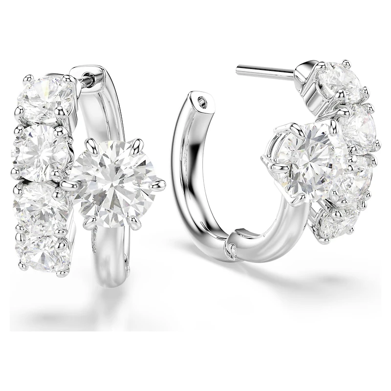Matrix hoop earrings, Round cut, White, Rhodium plated