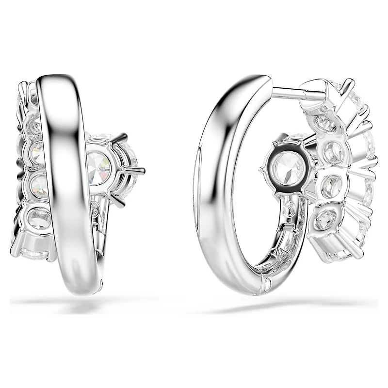 Matrix hoop earrings, Round cut, White, Rhodium plated