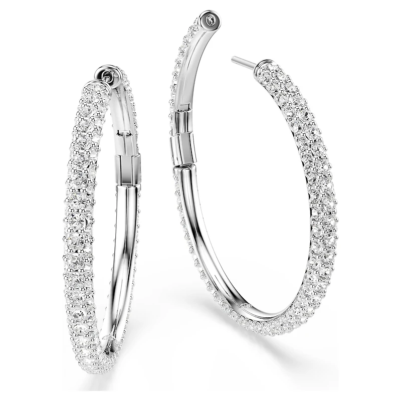 Dextera hoop earrings, Round cut, White, Rhodium plated