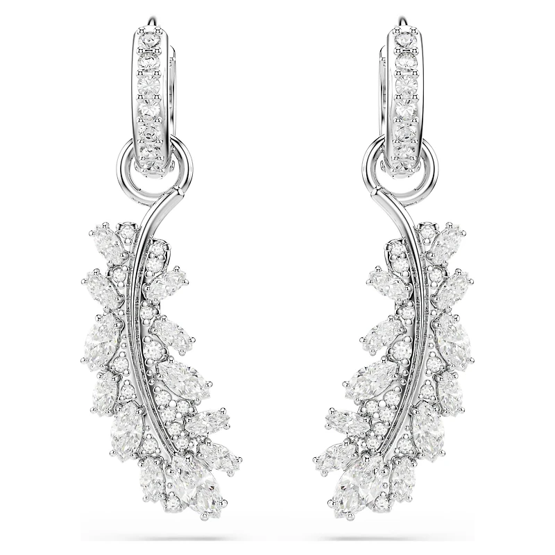 Vienna earrings, Mixed cuts, Feather, White, Rhodium plated