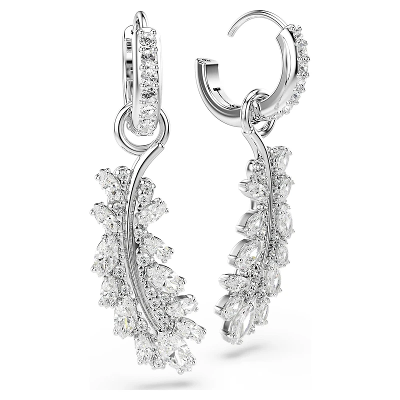 Vienna earrings, Mixed cuts, Feather, White, Rhodium plated