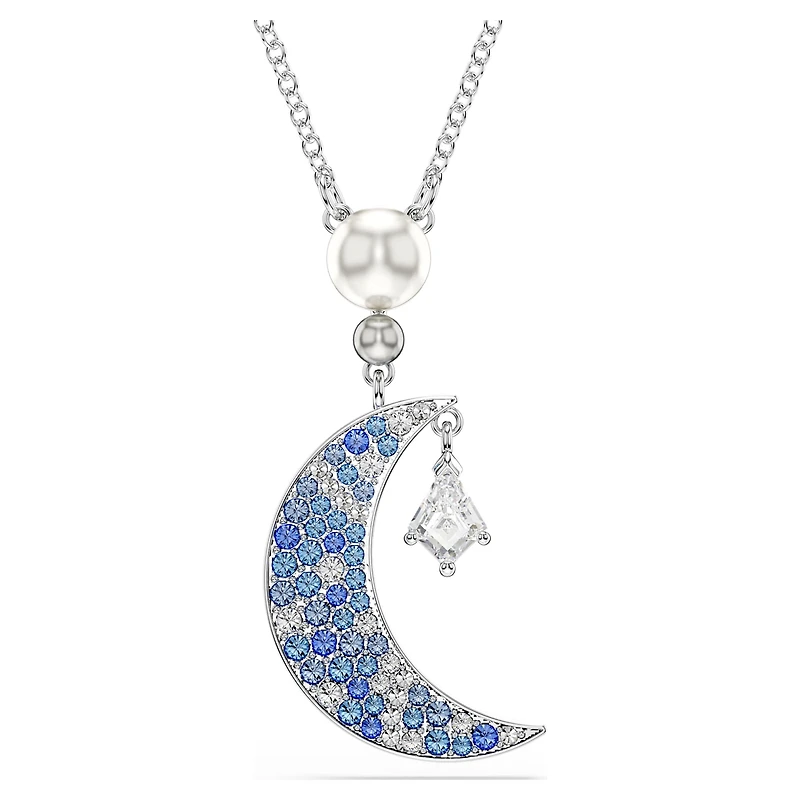 Symbolica pendant, Round cut, Moon, Blue, Rhodium plated