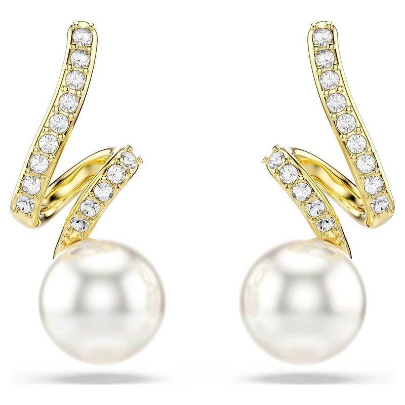 Gabriella earrings, Crystal pearl, Round cut, White, 18K gold finish