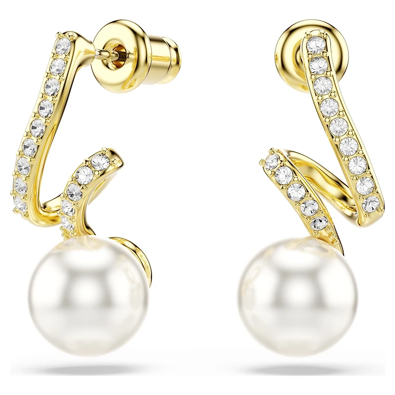 Gabriella earrings, Crystal pearl, Round cut, White, 18K gold finish