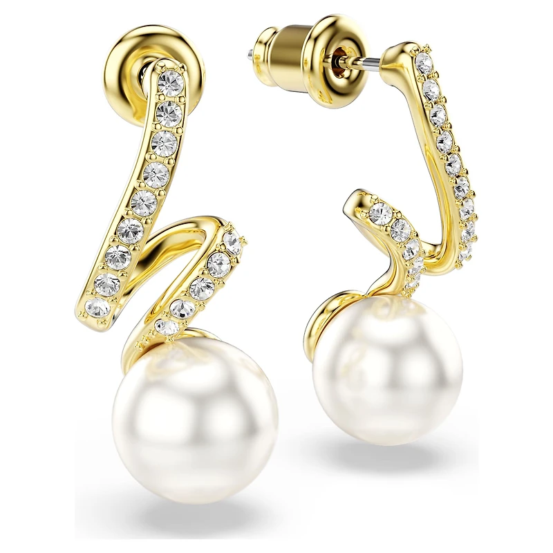 Gabriella earrings, Crystal pearl, Round cut, White, 18K gold finish