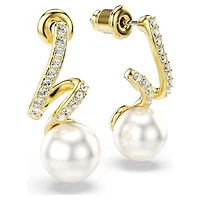 Gabriella earrings, Crystal pearl, Round cut, White, 18K gold finish