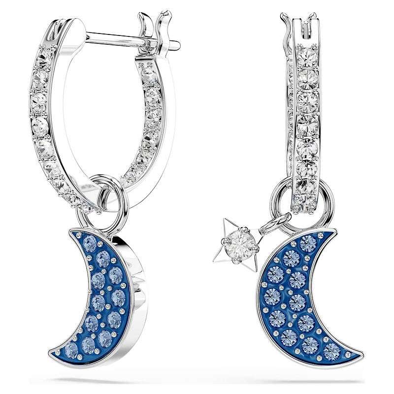 Symbolica drop earrings, Round cut, Moon, Blue, Rhodium plated