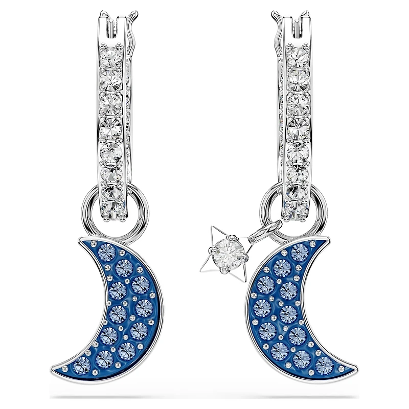 Symbolica drop earrings, Round cut, Moon, Blue, Rhodium plated