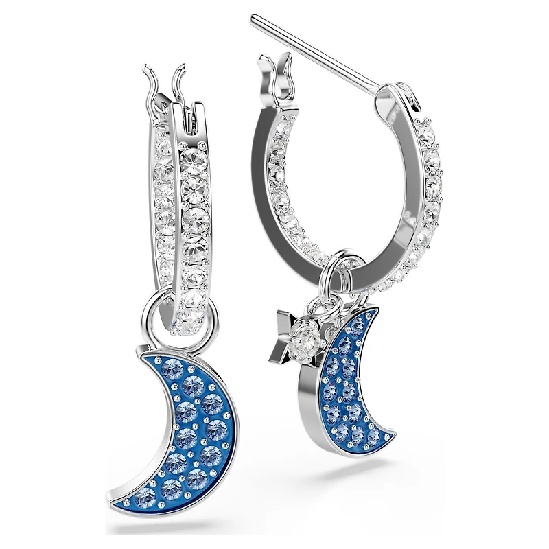 Symbolica drop earrings, Round cut, Moon, Blue, Rhodium plated