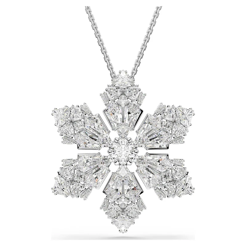 Idyllia pendant and brooch, Mixed cuts, Snowflake, White, Rhodium plated