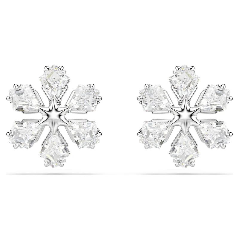 Idyllia stud earrings, Mixed cuts, Snowflake, White, Rhodium plated