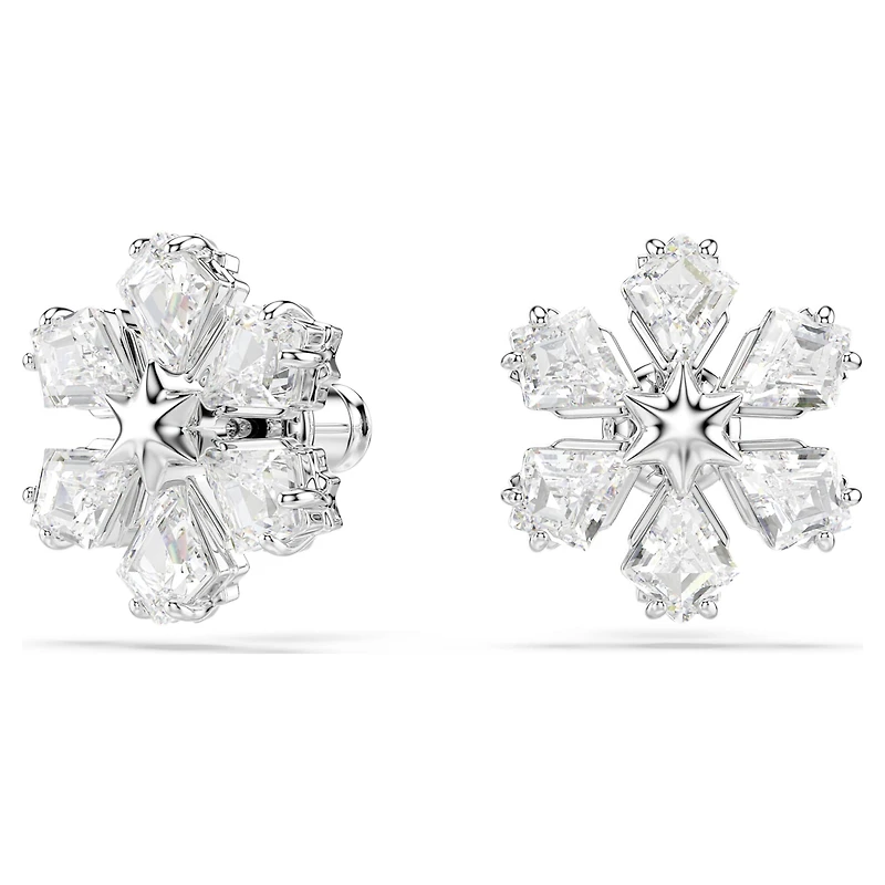 Idyllia stud earrings, Mixed cuts, Snowflake, White, Rhodium plated