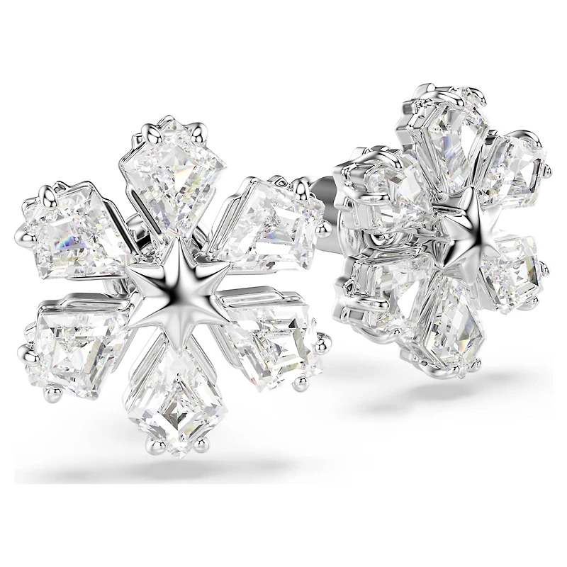 Idyllia stud earrings, Mixed cuts, Snowflake, White, Rhodium plated