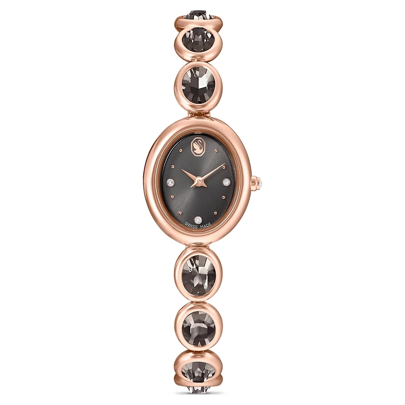 Imber oval watch, Swiss Made, Metal bracelet, Black, Rose gold-tone finish
