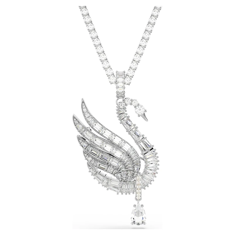 Vienna pendant and brooch, Mixed cuts, Swan, White, Rhodium plated