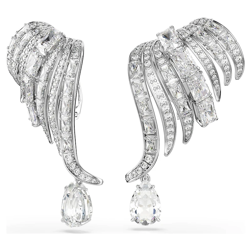 Vienna clip earrings, Mixed cuts, Swan, White, Rhodium plated
