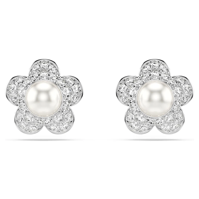 Ariana Grande x Swarovski stud earrings, Crystal pearl, Round cut, Flower, White, Rhodium plated by SWAROVSKI