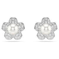 Ariana Grande x Swarovski stud earrings, Crystal pearl, Round cut, Flower, White, Rhodium plated by SWAROVSKI