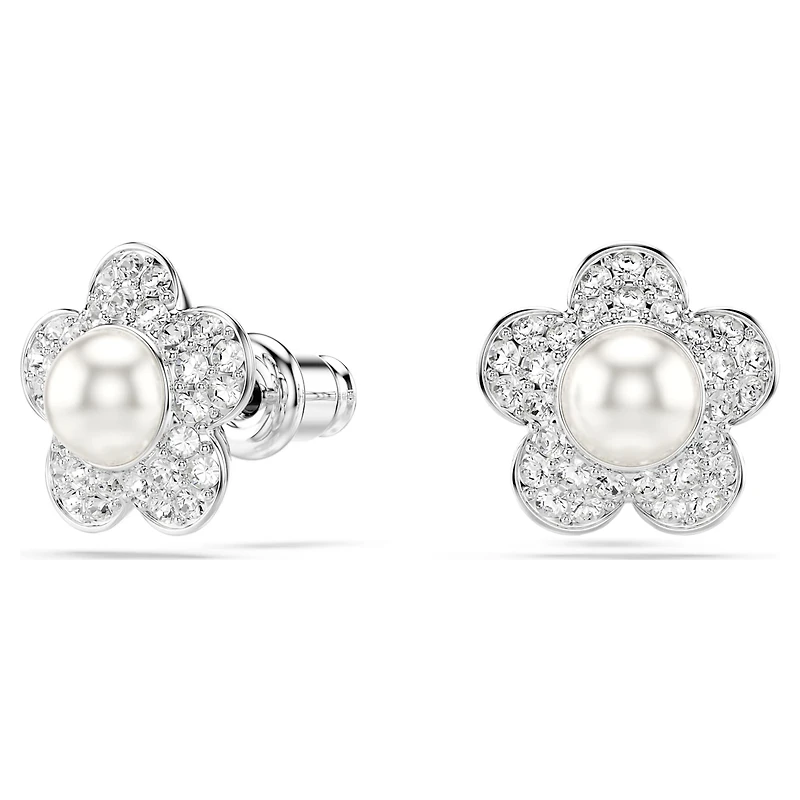 Ariana Grande x Swarovski stud earrings, Crystal pearl, Round cut, Flower, White, Rhodium plated by SWAROVSKI
