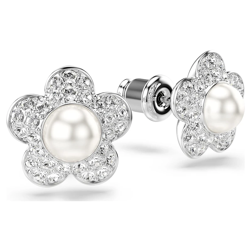 Ariana Grande x Swarovski stud earrings, Crystal pearl, Round cut, Flower, White, Rhodium plated by SWAROVSKI