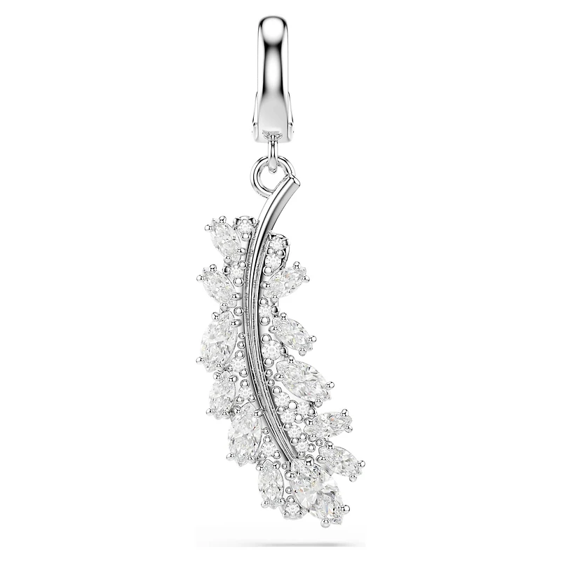 Vienna charm, Mixed cuts, Feather, White, Rhodium plated