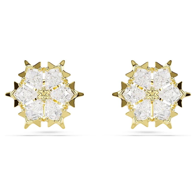 Magic stud earrings, Mixed cuts, Snowflake, White, 18K gold finish