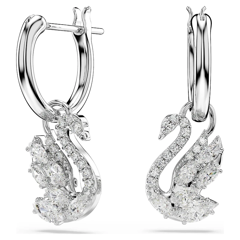 Swan drop earrings, Mixed cuts, Swan, White, Rhodium plated