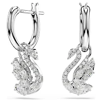 Swan drop earrings, Mixed cuts, Swan, White, Rhodium plated